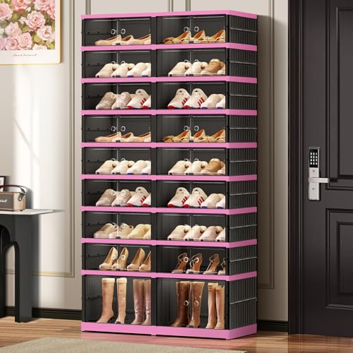 Image of CIMLORD 9-Tier Foldable Shoe Rack Organizer with Door, 36 Pairs, Black-Pink | Collapsible Large Shoe Rack for 36 Pairs, Fits Boots, Wide Stackable, Clear Door, Lidded Boxes, Easy Assembly, for Closet
