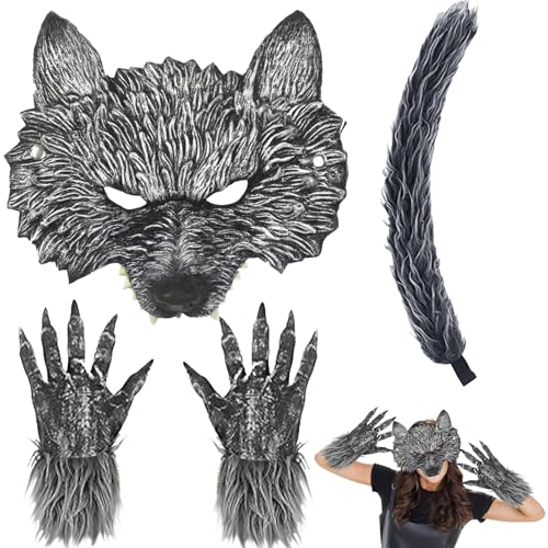 XIEXIESHER Wolf Maske Kostüm Set,4 Stück Halloween Werwolf Kostüm mit Werwolf Maske,Wolfshandschuhe und Schwanz Set, Halloween Werewolf Costume für Erwachsene und Kinder Geeignet