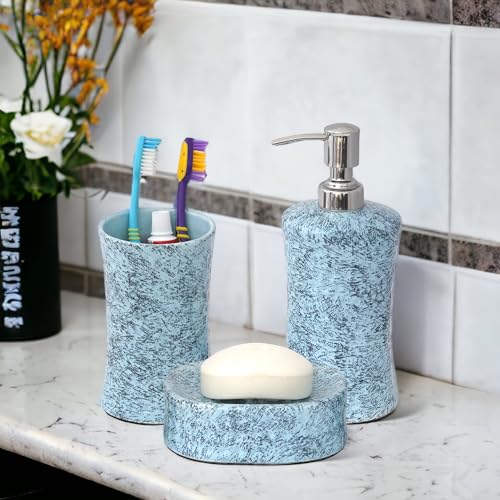 Image of Premium Ceramic Bathroom Accessories Set of 3 | Oval Hand-Painted Luxury Bath Set with 300ml Liquid Soap Dispenser, Toothbrush Holder & Soap Tray | Blue with Black Speckles Pattern