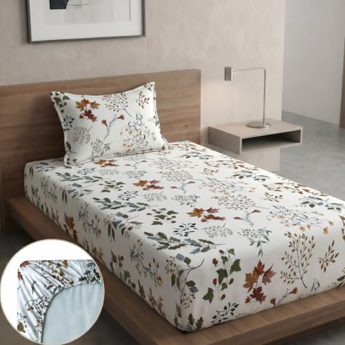 Image of Home Sizzler Microfibre Autumn Floral Printed All-Around Elastic Fitted Single Bedsheet (36 X 72) with 1 Pillow Cover - White /Earthy Tones