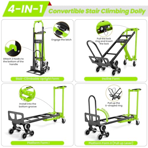 Image of Heavy Duty Stair Climbing Hand Truck - 1000 LBS Capacity 4-in-1 Convertible Dolly Cart, Foldable Platform Utility Cart for Moving Boxes, Industrial Grade Steel Construction(Green)