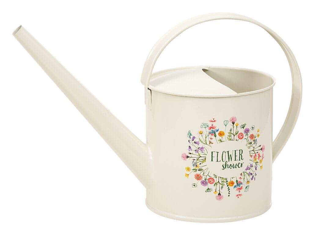 moses. Mała konewka do ogrodu, dekoracyjny prysznic z kwiatami o pojemności 1,2 l, dzbanek w kolorze kremowym, off-white z ładnym napisem "Flower Shower" w kształcie liści i kwiatów