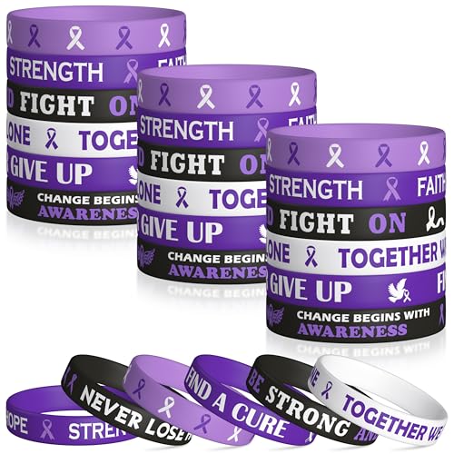 WATINC Purple Ribbon Awareness Silicone Bracelets Set, Hope Faith Stretch Wristband,Motivational Rubber Bracelet for Domestic Violence Animal Abuse Lupus Epilepsy Pancreatic Cancer Alzheimer (48Pcs)