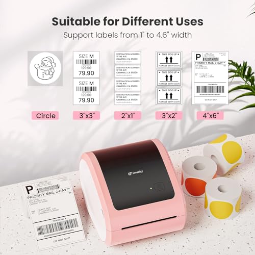 Image of Bluetooth Shipping Label Printer with 1 Roll Labels - D520BT Pink Thermal Label Printer, Thermal Printers with Built-in Label Holder, Come with 500PCS 4x6 White Labels (500 Labels /Roll)
