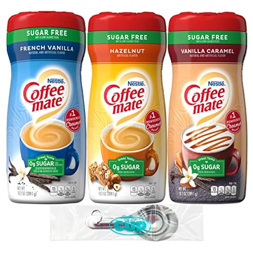 Coffee mate Sugar-Free Powder Coffee Creamer Variety, French Vanilla, Vanilla Caramel and Hazelnut with By The Cup Stainless Steel Measuring Spoons
