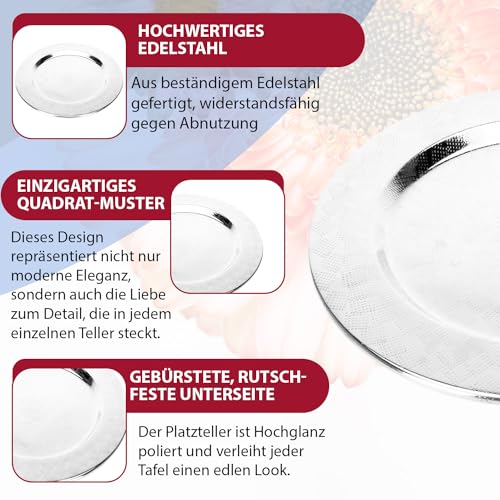 DRULINE Silberner Edelstahl Platzteller für Festtage:Metallteller als Deko – Ideal als Kerzenteller, Servierplatte oder Dekotablett zu Weihnachten. Adventskranz Teller Ø 35 cm mit Quadrat-Muster