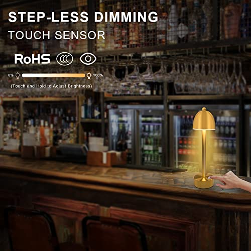 Irtto Gold Mushroom Battery Operated Cordless Table Lamp, 3-Way Dimmable Touch Sensor Desk Lamp, Industrial Rechargeable Portable Night Light For Bar/Restaurant/Home/Office Décor #TOP3