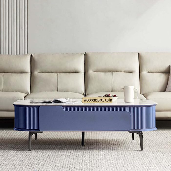 Image of WOODEN SPACE Premium Solo Marble-Top Wooden Center Table for Living Room | Iron Legs | PVD Coating | Modern Entryway Furniture | Coffee Table - 42X24X18 in (Blue)