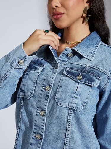 Image of Miss Chase Women's Polo Neck Full Sleeves Patch Pocket Denim Overcoat Knee-Length Jacket