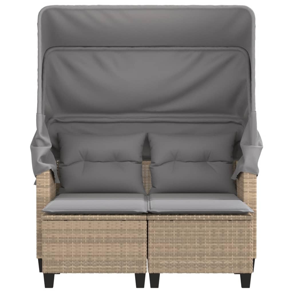 Divano da giardino a 2 posti con tetto estraibile, 2 sgabelli, beige, polyrattan, resistente ai raggi UV, 123 x 65 x 155 cm, divano lounge modulare per terrazza, balcone