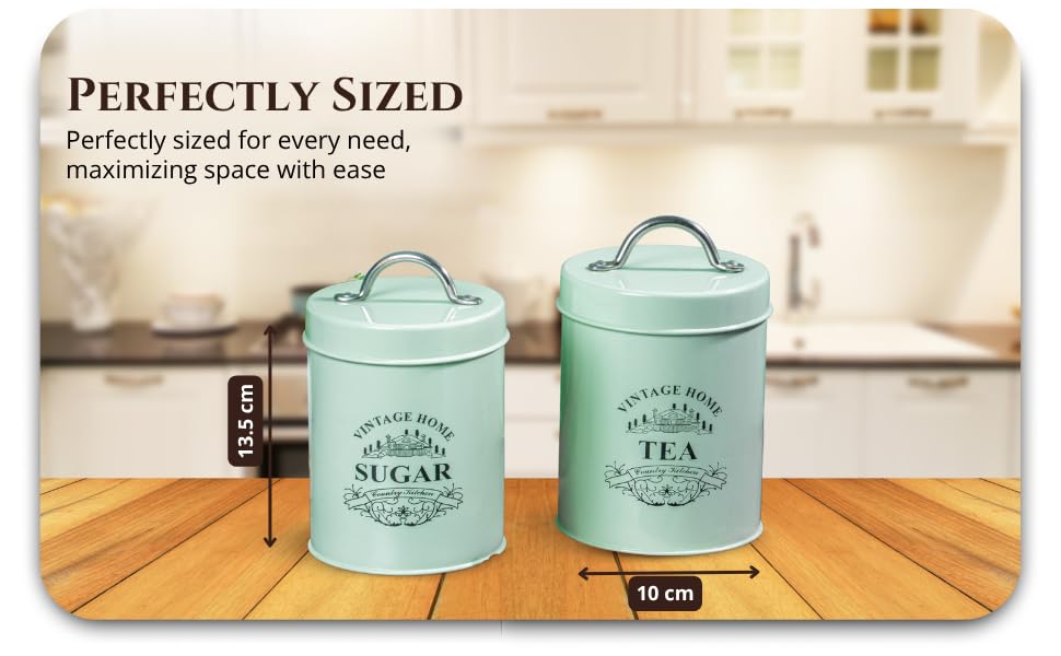 Image of Metallure Home Round Classic Tea Sugar Container Set of 2 | Metal Container for Kitchen Storage | Airtight Jar Set | Food-Safe Tea Jars for Kitchen (Light Green)