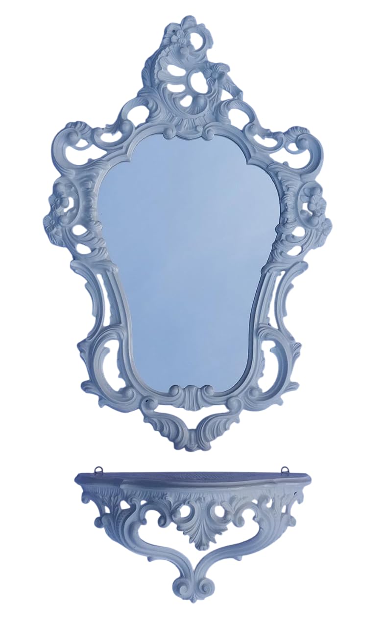 Set 2 Pièces Miroir Mural + Console Baroque Blanc - 42x42 Cm - Style Rococo - Neuf