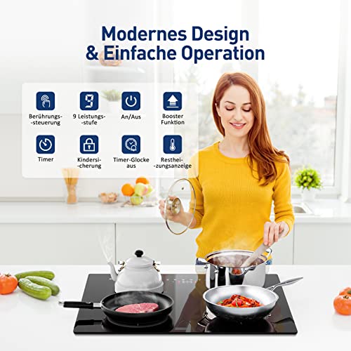 IsEasy 4 Zonen Einbau Induktionskochfeld mit 9 Leistungsstufen &1-99Min Timer, Boost-Funktion...