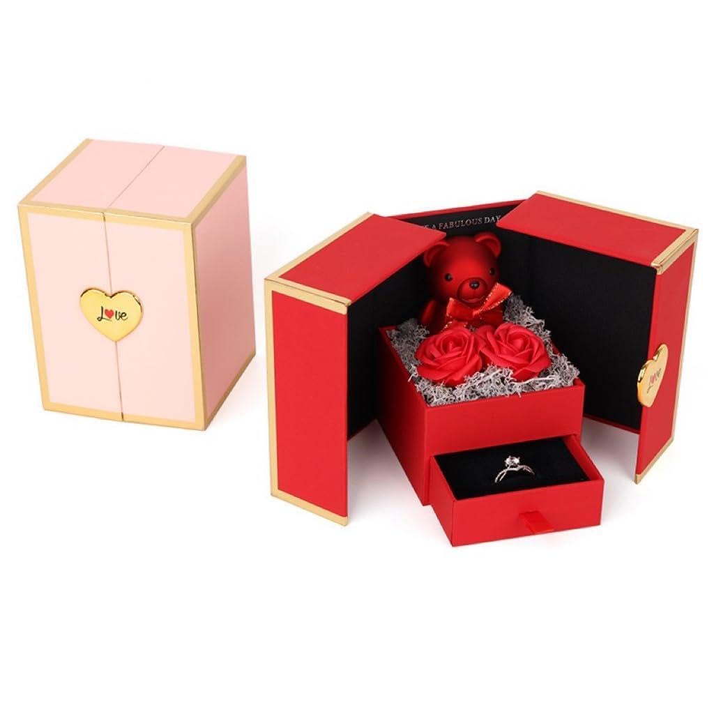 XRWilma | Romantic two-tier bear and rose gift box – double-door design with hidden drawers, perfect for jewelry gifts for mom, dad, girlfriend and loved ones (PINK)