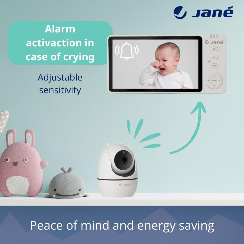 Jané Eye Pro Baby Monitor, elektroniczna niania z obrotową kamerą, przechylanie z silnikiem, ekran 5", dwukierunkowy dźwięk, noktowizor, duży zasięg, muzyka, niski pobór mocy baterii