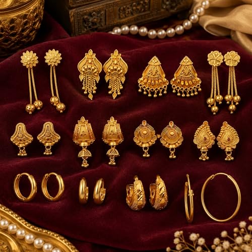 Image of Gold Earrings Combo Pack of 12 Pairs for Women & Girls | Traditional & Modern Gold-Tone Earrings Set | Lightweight Fashion Jewellery
