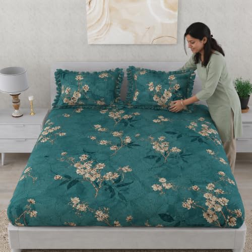 Image of Vram Premium Heavy Cotton Flat Bedsheets with 2 King Size Frill Pillow Covers | Double Bed 350 TC | 90 x 100 Inch King Size Flat | :- Green Flower