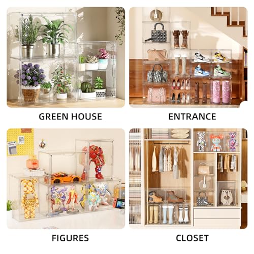 HOYOJA Clear Acrylic Display Case, Super Large Stackable Storage Bins Magnetic Attraction Lids, 3 Pack Acrylic Box with Divider for Collectibles, Figures, Purse, Handbag, Wallet, 11.4x9.84x15.4 inch