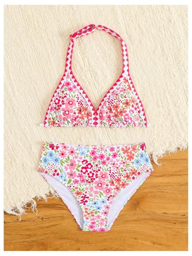 Image of BEAUDRM Girl's 2 Piece Floral Print Swimsuits Halter Triangle Bikini Boho High Waisted Bathing Suit