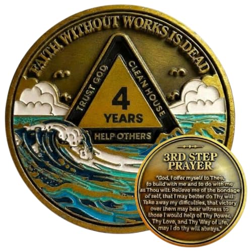 4 Year Waves Sobriety Coin - Third Step Prayer AA Medallion Premium Recovery Token for Anniversaries Sponsor & Sponsee Gifts Four Years Sober Milestone Chip for Women and Men
