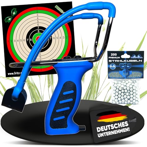 Fritz-Cell Profi Weitschuss Zwille Steinschleuder blau mit verstecktem Magazin Sport Outdoor Slingshot mit Stahlkugeln 6mm, Zielscheiben