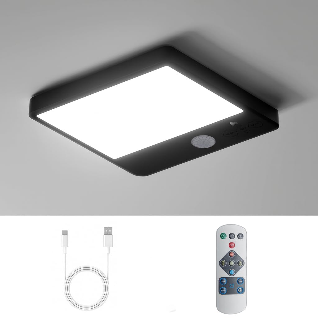 LED Akku Lampe mit Bewegungsmelder, Kabellos Deckenlampe ohne Stromanschluss, 3 Farbtemperaturen, Dimmbar mit Fernbedienung, Aufladbare Batteriebetriebene Deckenleuchte für Flur/Badezimmer/Keller