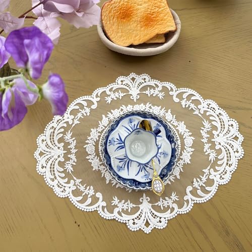 Image of 2 Pack Retro Lace Placemats, French Crochet Doilies, Fashionable Embroidered Cup Mat Vase Mats, Handmade Embroidered Table Mats 12x16-in Beige Place Mats Cup Mat (White)