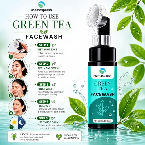 Image of Green Tea Face Wash with Silicone Brush Applicator | Deep Cleansing Face Wash for Oily & Combination Skin | Gentle Foaming Cleanser for Men & Women | Removes Dirt, Excess Oil & Impurities | 150 ml