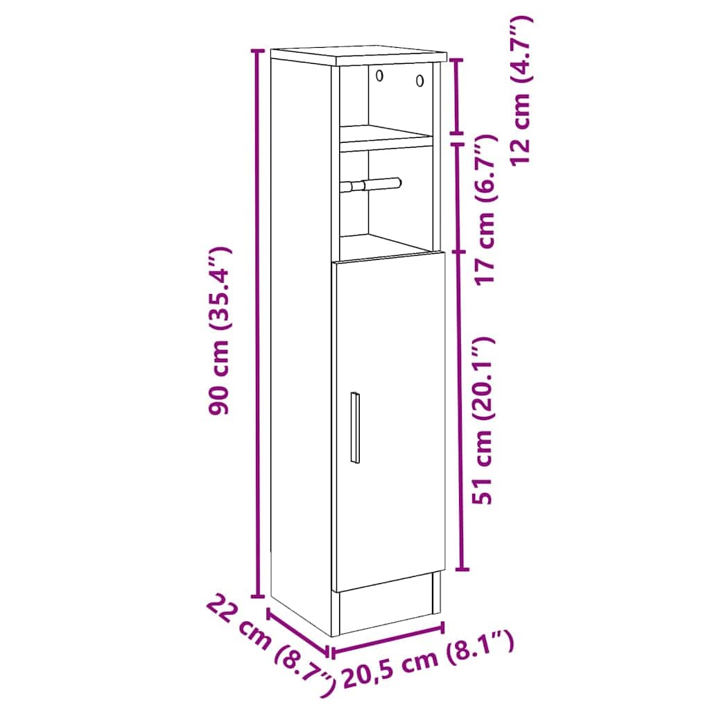 vidaXL Mobile da Bagno con Portarotolo Grigio Cemento 20,5x22x90 cm