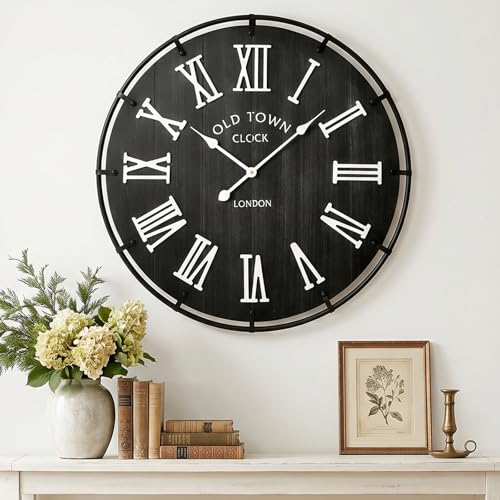 Image of EMAX HOME Inch Large Black Wall Clock, Rustic Distressed Wooden Dial with 3D White Roman Numerals, Silent Sweep Movement, High Contrast Farmhouse Decor for Bedroom, Kitchen, or Dining Room.