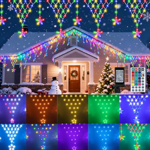 (New) Christmas Curtain Lights, RGB Remote Control Christmas Lights, 218 LED 13.8FT Outdoor String Lights with 12 Star Drops 8 Modes Waterproof for New Year, Eaves, Fence, Balcony, Railing Decor