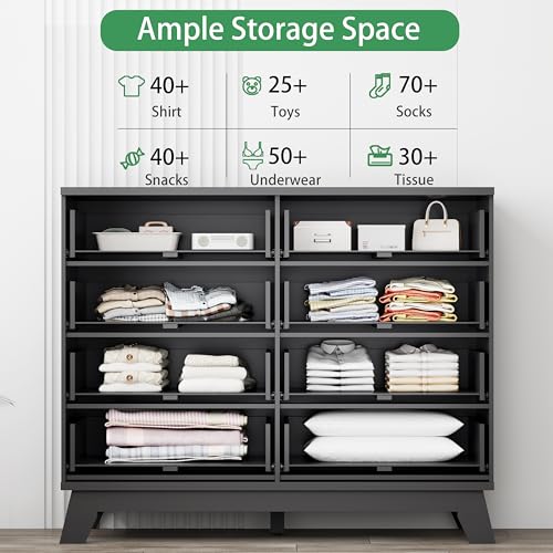 Image of Fluted Dresser for Bedroom with 8 Drawers, 48 inch Wide Modern Chest of Drawers with Metal Handle, Wooden Dresser TV Stand, Wood Closet Clothes Storage Drawer Organizer for Living Room, Hallway, Black
