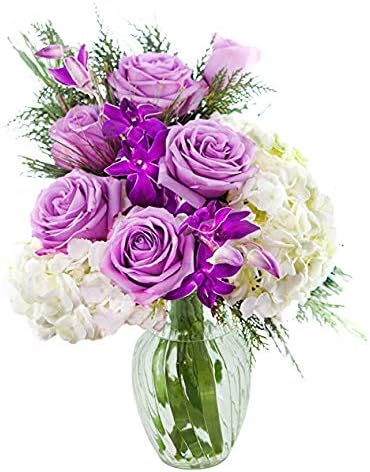 KaBloom Prime Next Day Delivery - Colección de otoño - Ramo de rosas moradas, hortensias blancas, orquídeas moradas y verdes con jarrón. Regalo para