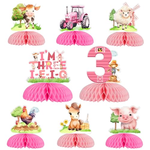 Animal de la ferme décoration de fête d'anniversaire fille rose 3 ans