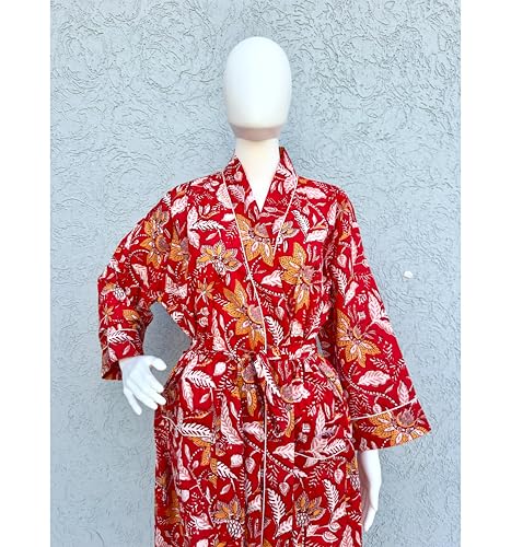 Image of Hand block print Cotton Kimono bikini cover up,Indian Hand block print Cotton Bath Robe,Swim Wear,Nighrwere Dressing Gown
