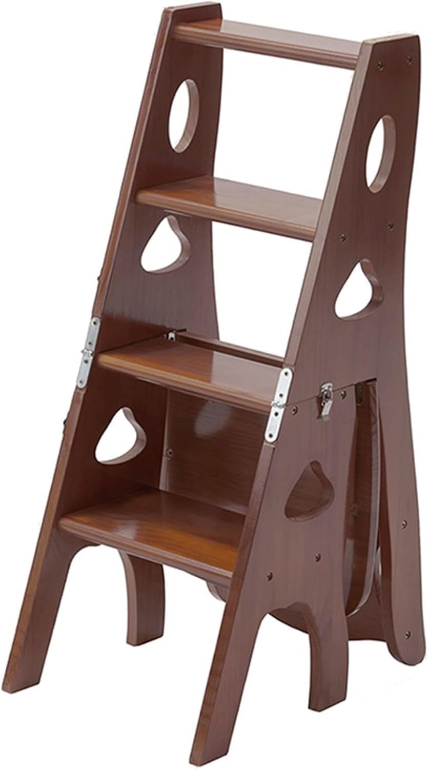 Wooden Folding Library Ladder Chair 3 in 1 Step Stool with Storage Shelf Brown 331lbs Capacity