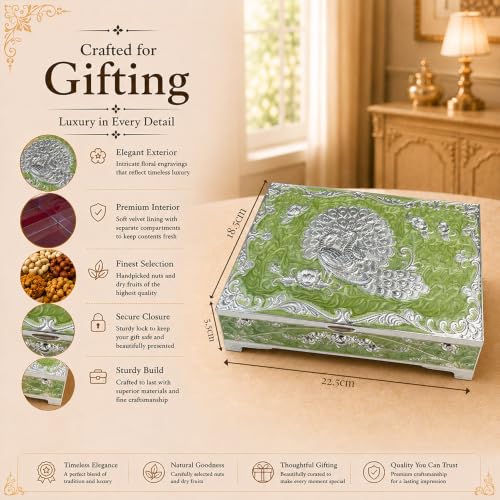 Image of Diviniti Decorative Silver Embossed Dry Fruit Box with 4 Compartments | Premium Green Decorative Gift Box for Dry Fruits, Nuts, Chocolates & Sweets | Elegant Home Decor & Festive Gift Storage Box