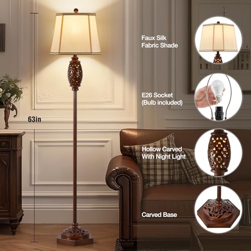 Image of Luvkczc Vintage Floor Lamp - Brown Carved Resin with Hollow Light Design | Rustic Standing Lamp for Living Room, Bedroom, Study(Bulb Included)