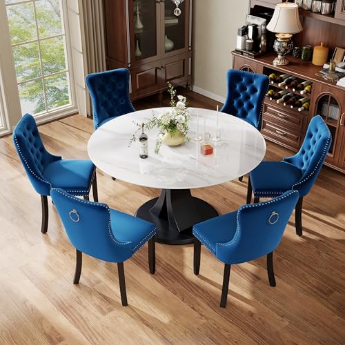 Image of 7-Piece Dining Table Set with 47In Faux Marble Table and 6 Velvet Upholstered Chairs, Modern Scandinavian Furniture for Dining Room Kitchen(Blue)