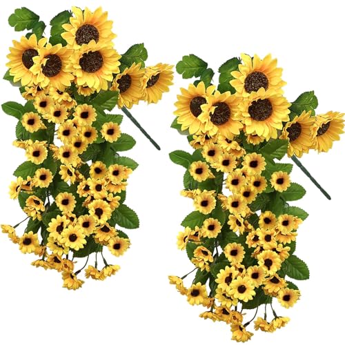 Daily Treasures Lot de 2 fleurs artificielles à suspendre, 176 têtes de tournesol réalistes en soie de tailles mixtes, plantes de tournesol artificielles à...