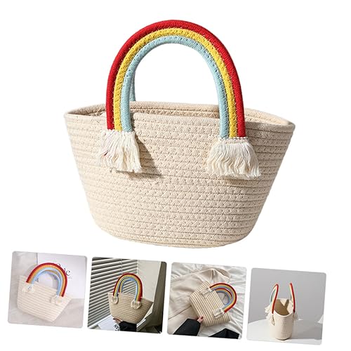 Handwoven Cotton Rope Bag Bohemian Style Woven Tote Women Handbag Rainbow Handle Beach Bag Summer Accessory2