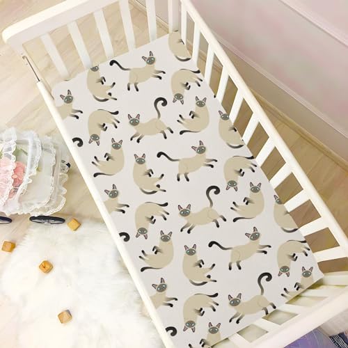 Image of CaTaKu Cute Siamese Cat Mini Crib Sheets for Girls Boys Baby Mattress Sheets Fitted, Soft Toddler Nursery Bed Sheets Neutral 28 inchx 52 inch