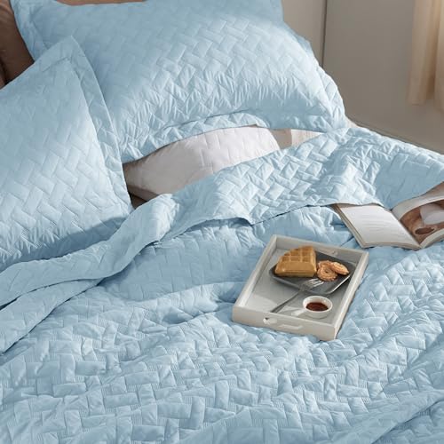 Image of Bedsure Quilts Queen Size - Lightweight Bedspreads Queen Size with Basket Weave Pattern, Soft Quilt Bedding Set, Sky Blue Comforter Set Coverlet for All Seasons with 2 Pillow Shams (90 inch x 96 inch)