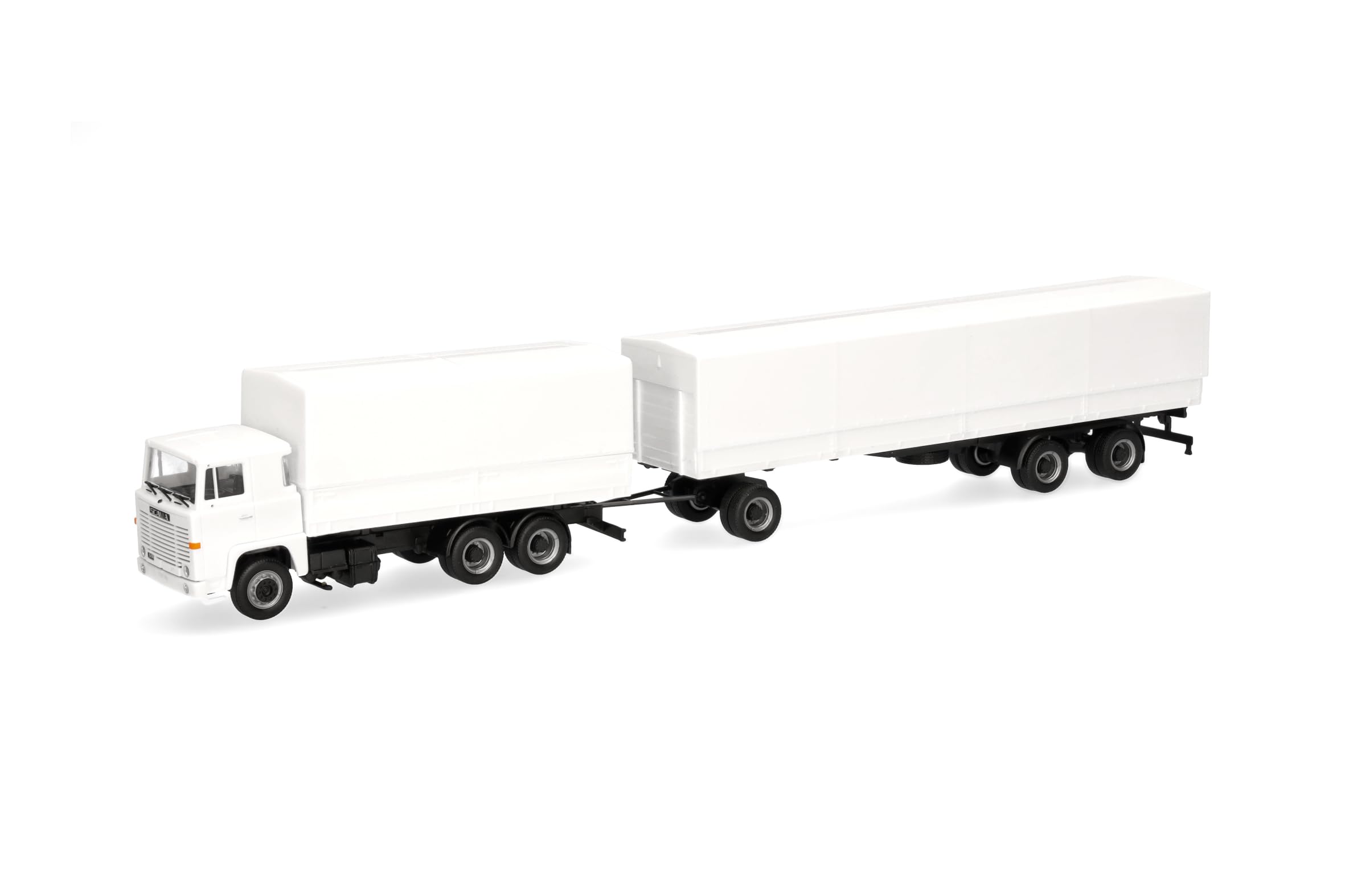 Herpa truck model Scania 141 flat-bed trailer, white, on a scale of 1:87, plastic miniature, made in Germany, model building, collectors edition