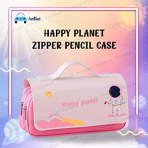 Image of FunBlast Multi-Purpose Pouch - Double Compartment Large Capacity Pouch - Happy Planet Zipper Pencil Case for Kids, Pencil Box for Kids, Stationary Pouch for Students School Supplies (Pink)