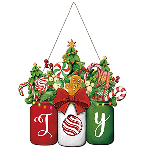 Christmas Mason Jar Welcome Sign for Front Door - Wooden Hanging Gingerbread Xmas Decoration - Noel Joy Door Hanger With Floral Wreath for Home Decor