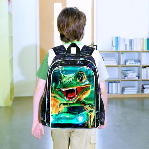 Image of 16 inch Dinosaur Backpack for Boy, 3Pcs Cars Bookbag with Lunch Box, Kids School Backpacks for Elementary Preschool Kindergarten (Black)