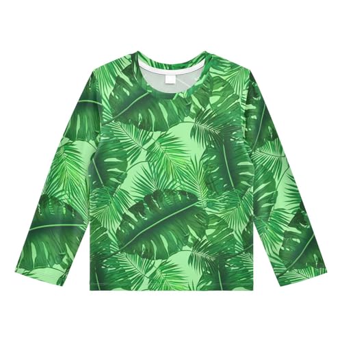 DOMIKING Monstera Palm Fronds Green Boys Long Sleeve Rashguard Shirt Kids Quick Dry Swim Shirt for Running Swiming Pool 9-10T
