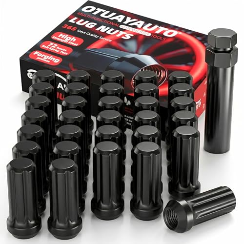 Image of OTUAYAUTO M14x1.5 Spline Lug Nuts - 32PCS Black Wheel Lug Nut with Socket Key,Cone Seat, Replacement for Ram 2500 3500, Chevy Silverado 1500, GMC Sierra, Ford F250, Hummer H2 Aftermarket Wheels