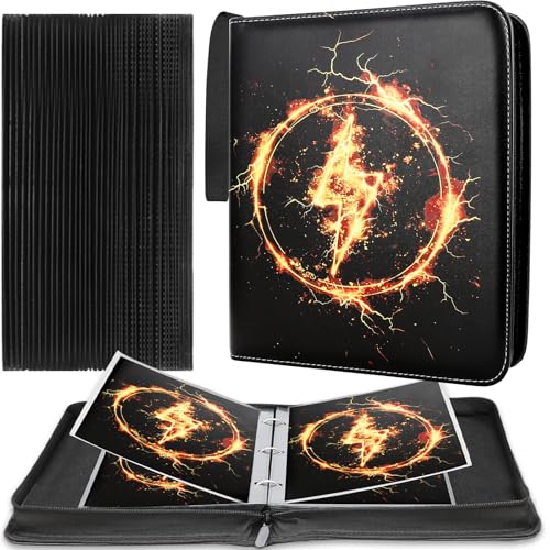 Jumbo Card Binder Compatible with Pokemon XL Jumbo Cards 100 Pockets Zip Trading Card Binder QUBAMG Oversized 5.77.9 Card Holders Storage 3-Ring PU Collector Album Card Folder Lightning Black
